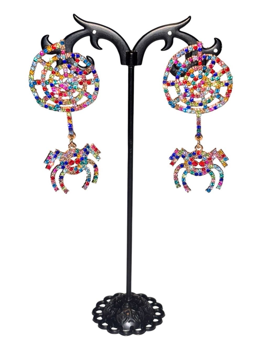 Multicolor Rhinestone Drop Spider Web Earrings - Perfect for Halloween!